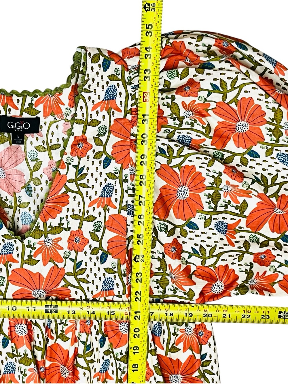 Gigio Babydoll Dress Coral Cream Floral Puffy Balloon Sleeve Pockets S Made/USA - Picture 14 of 16